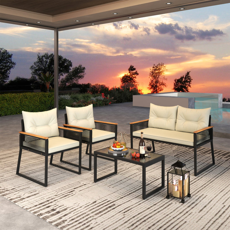 4 Pieces Patio Furniture Set Outdoor Conversation Set with Tempered Glass Coffee Table