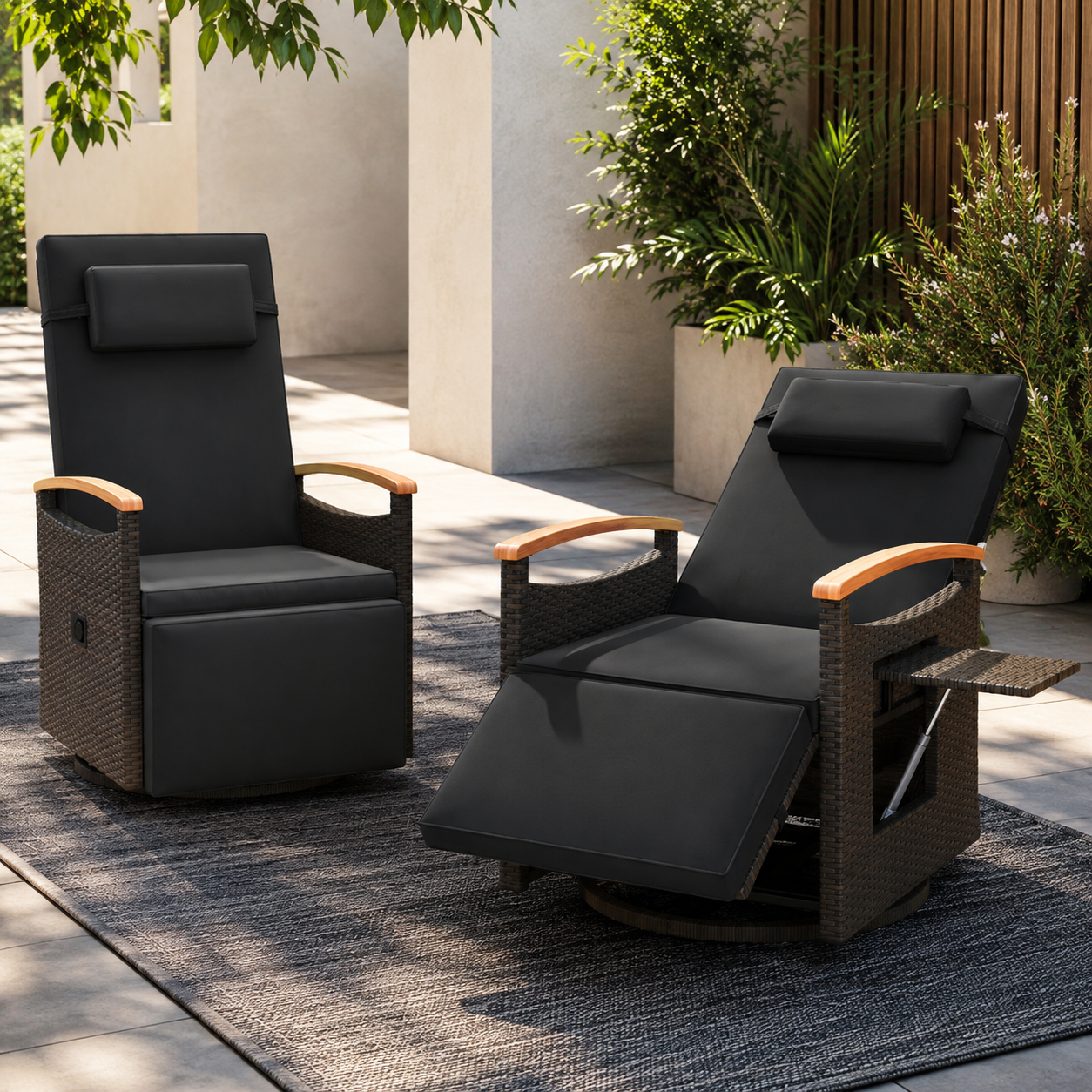 360° Swivel Outdoor Recliner Chair with Side Table & Adjustable Footrest