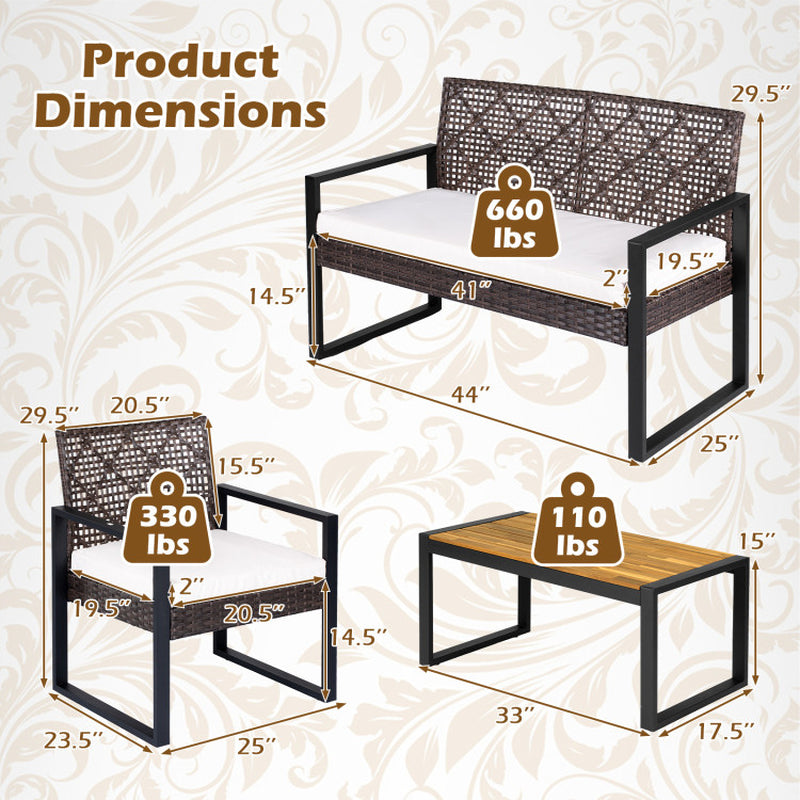 4-Piece Patio Set with Acacia Coffee Table and Wicker Chairs for Backyard