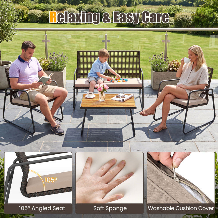 4 Pieces Patio Furniture Set with Acacia Wood Coffee Table and Zippered Cushions