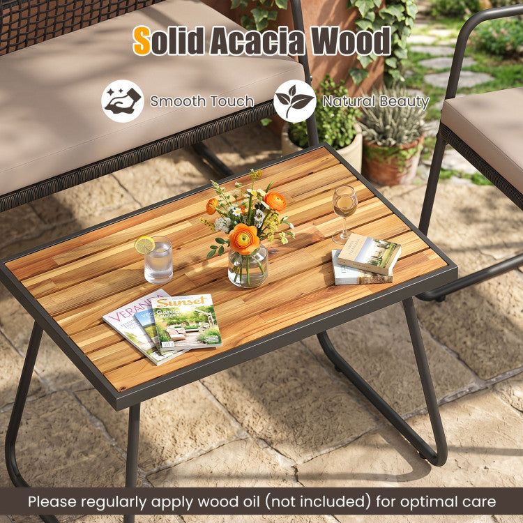 4 Pieces Patio Furniture Set with Acacia Wood Coffee Table and Zippered Cushions