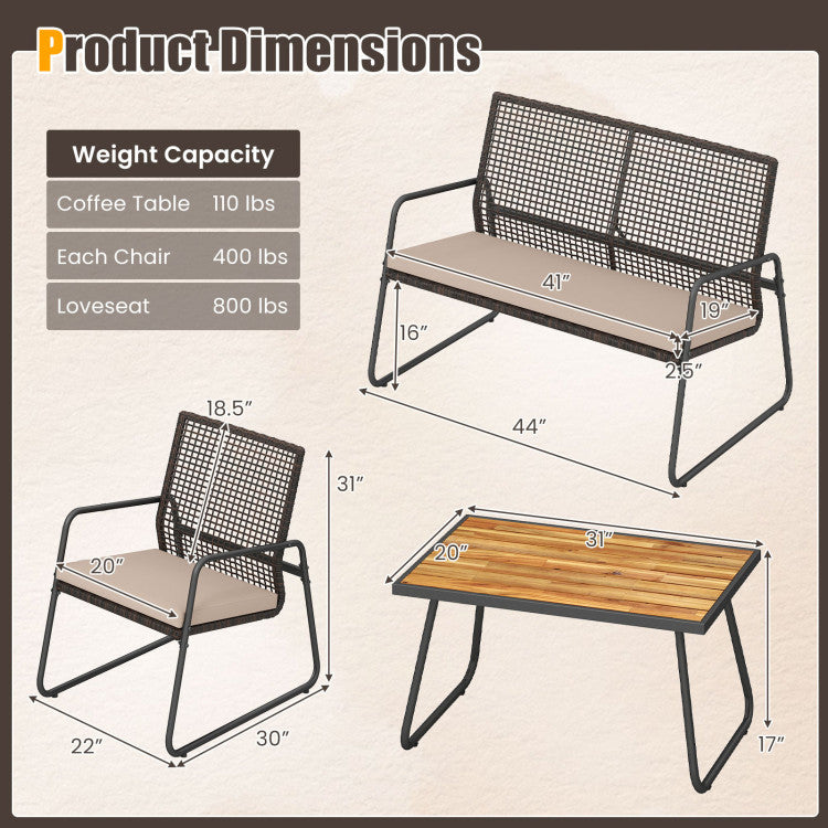 4 Pieces Patio Furniture Set with Acacia Wood Coffee Table and Zippered Cushions