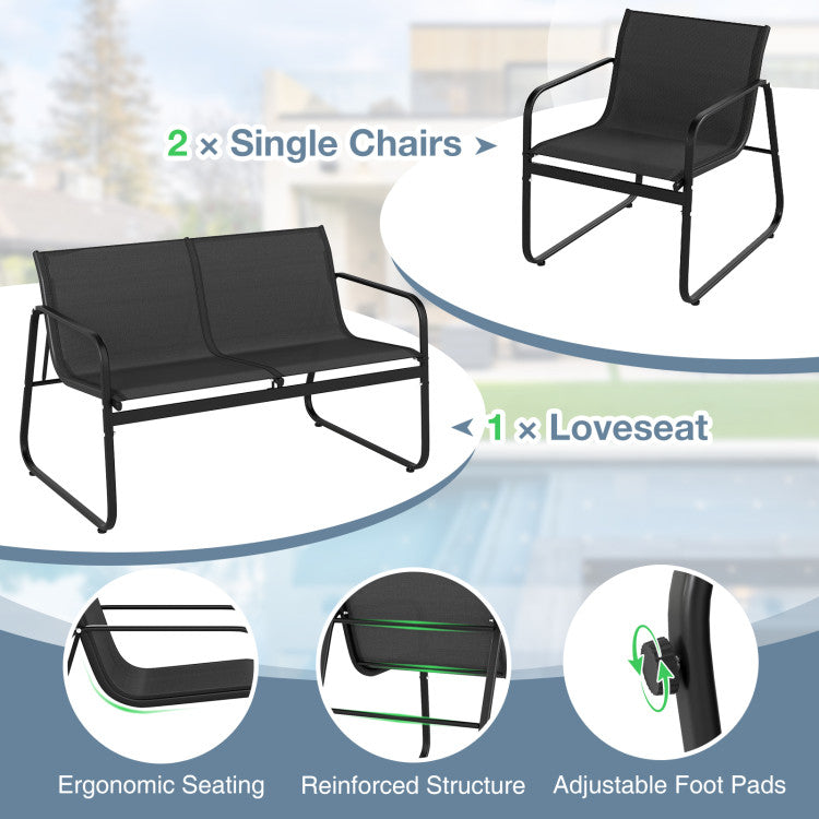 4 Pieces Patio Furniture Set Fabric Lawn Chairs and Loveseat with Glass Coffee Table