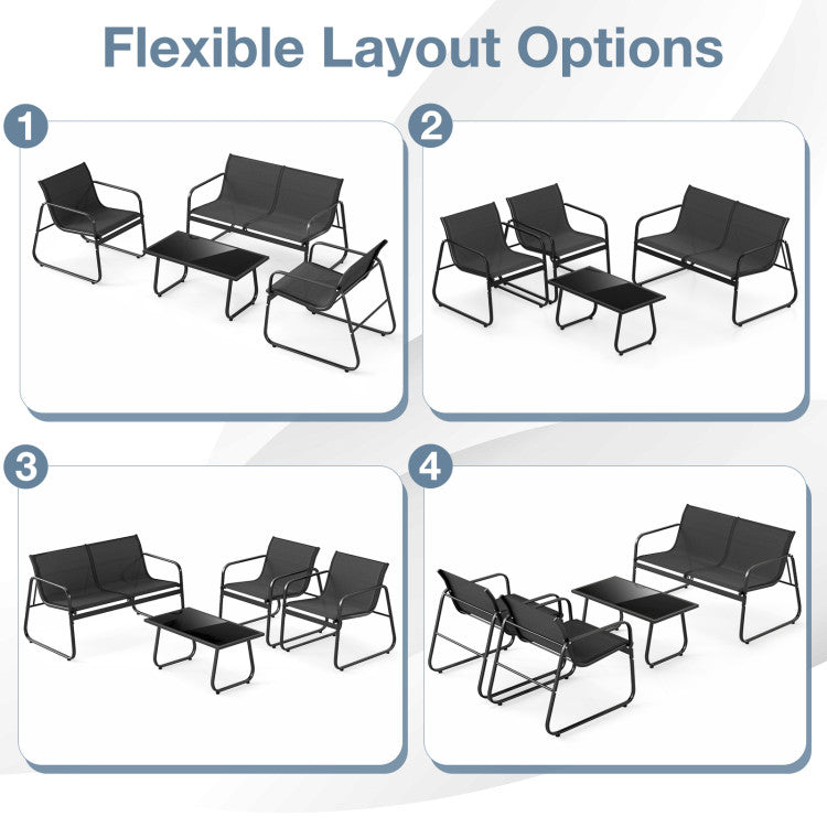 4 Pieces Patio Furniture Set Fabric Lawn Chairs and Loveseat with Glass Coffee Table