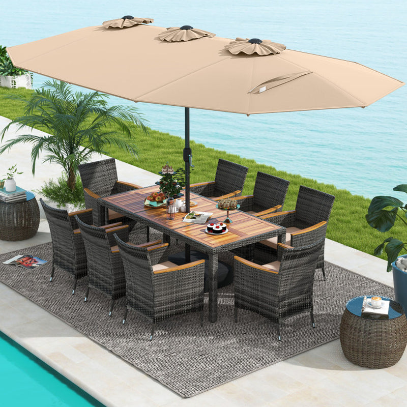 10 Pieces Wicker Outdoor Dining Set for 8 with 15 Feet Patio Umbrella
