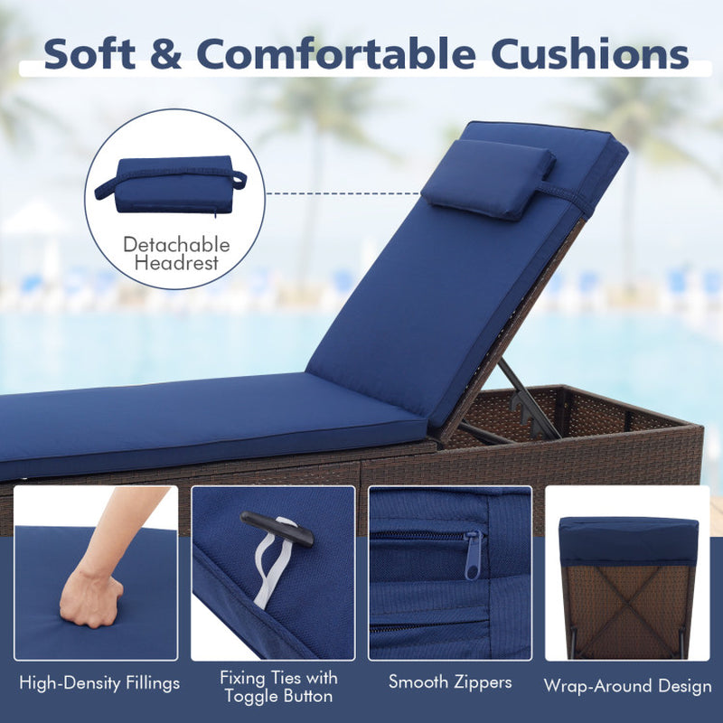 PE Rattan Chaise Lounge Set of 2 with 6-Position Adjustable Backrest and Foldable Side Table