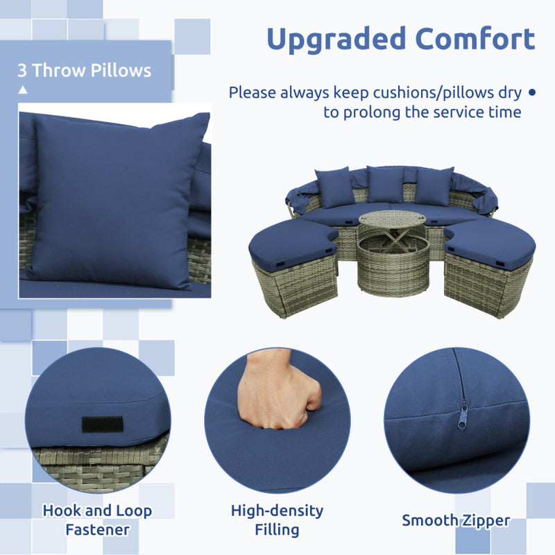 Outdoor PE Wicker round Daybed with Retractable Canopy and Cushions