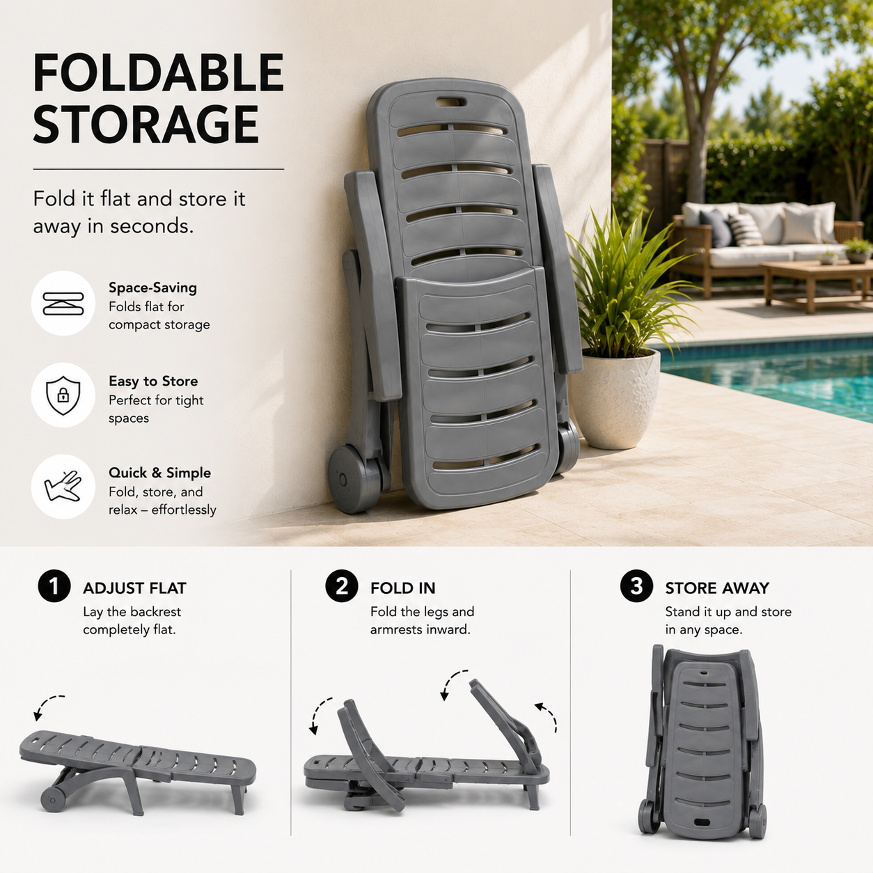 5-Position Outdoor Chaise Lounge Chair with Wheels | Folding Patio Reclining Lounger