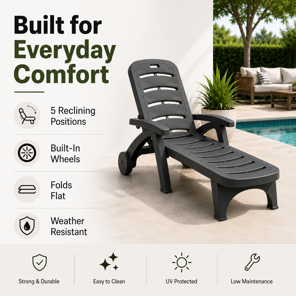 5-Position Outdoor Chaise Lounge Chair with Wheels | Folding Patio Reclining Lounger