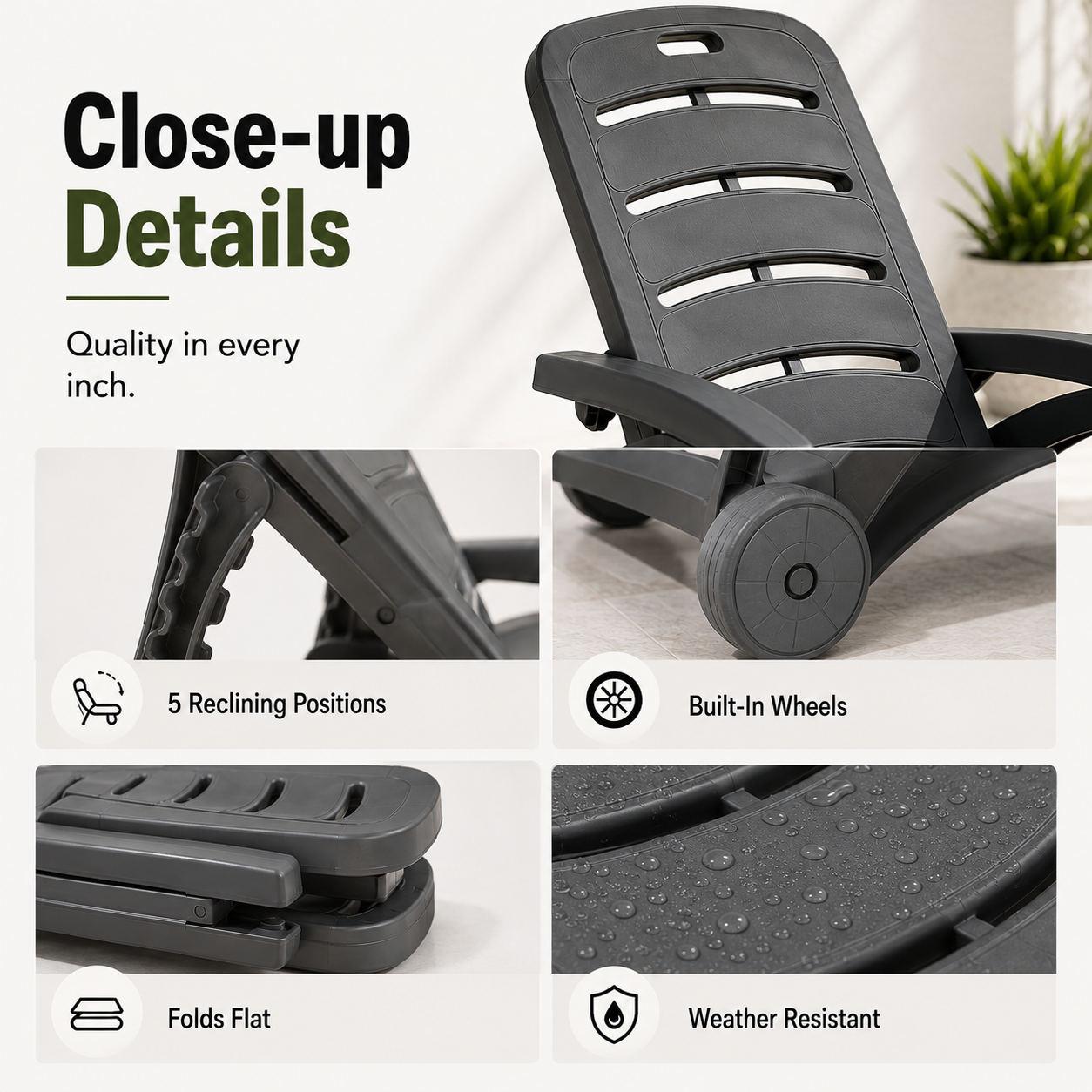 5-Position Outdoor Chaise Lounge Chair with Wheels | Folding Patio Reclining Lounger