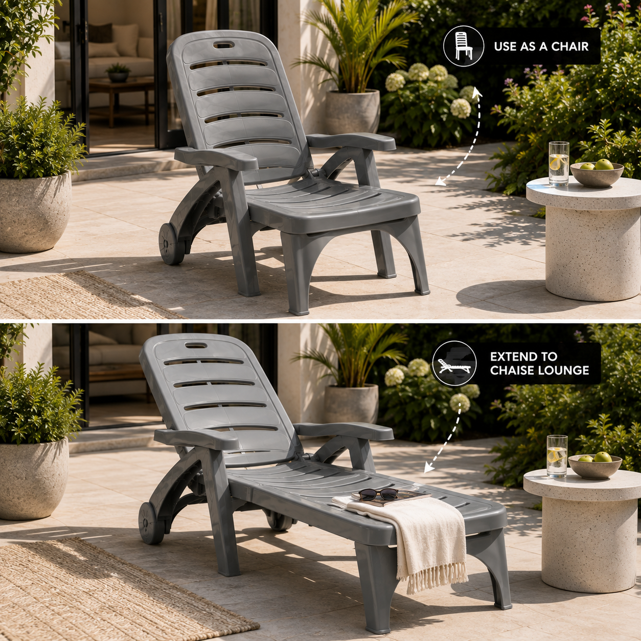 5-Position Outdoor Chaise Lounge Chair with Wheels | Folding Patio Reclining Lounger