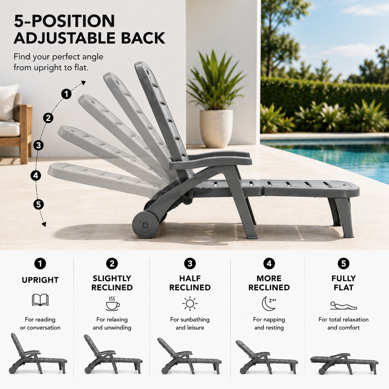 5-Position Outdoor Chaise Lounge Chair with Wheels | Folding Patio Reclining Lounger
