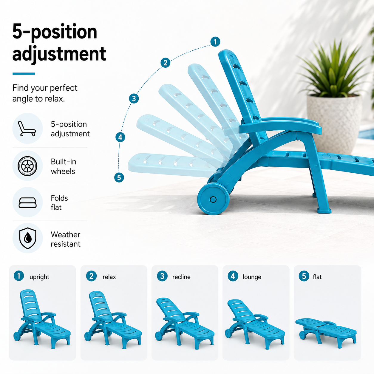 5-Position Outdoor Chaise Lounge Chair with Wheels | Folding Patio Reclining Lounger