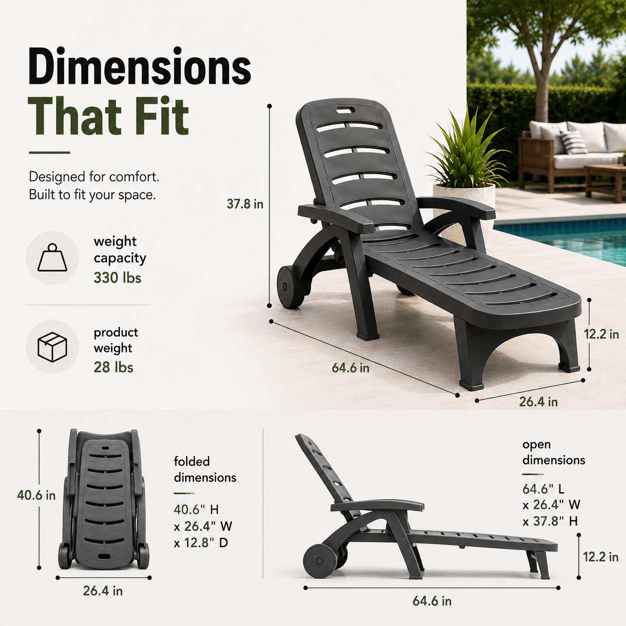 5-Position Outdoor Chaise Lounge Chair with Wheels | Folding Patio Reclining Lounger