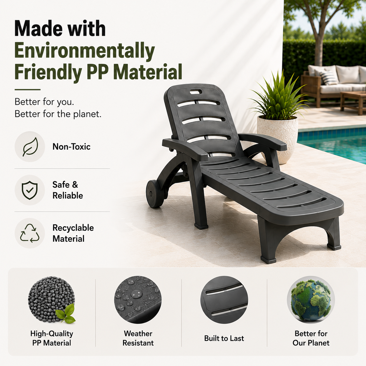 5-Position Outdoor Chaise Lounge Chair with Wheels | Folding Patio Reclining Lounger