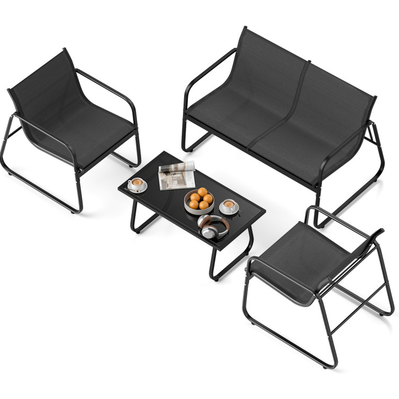 4 Pieces Patio Furniture Set Fabric Lawn Chairs and Loveseat with Glass Coffee Table