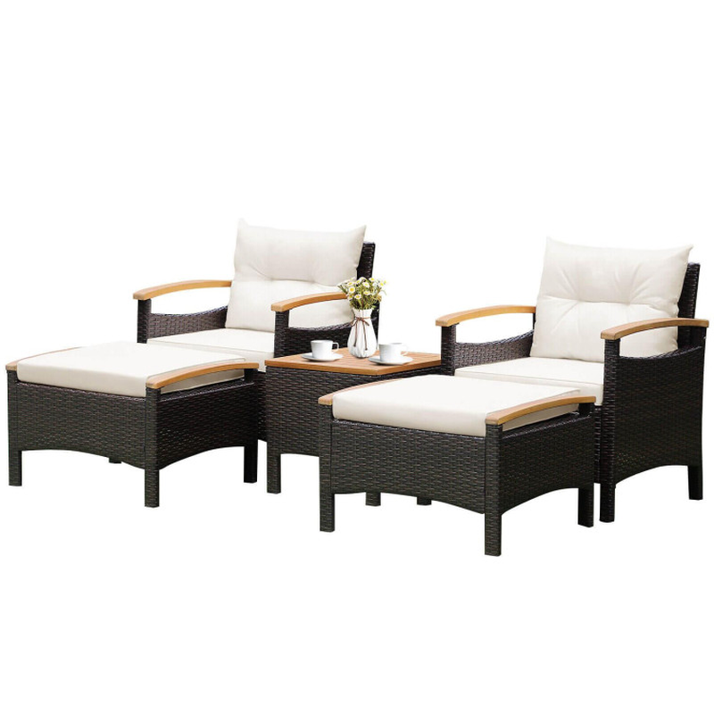 5 Pieces Patio Conversation Set with Cushions Coffee Table and 2 Ottomans