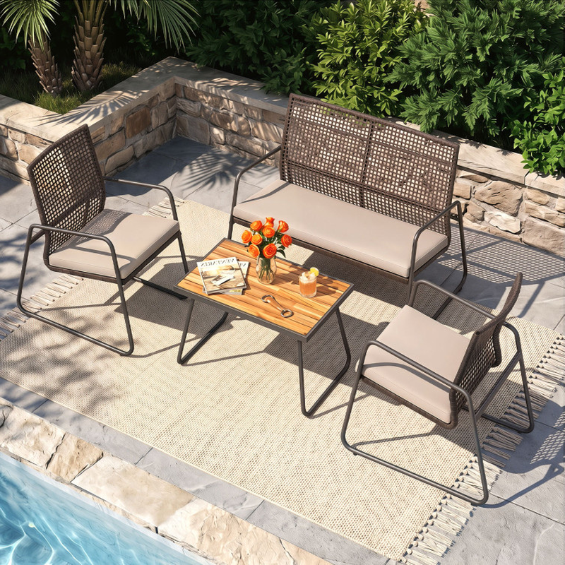 4 Pieces Patio Furniture Set with Acacia Wood Coffee Table and Zippered Cushions