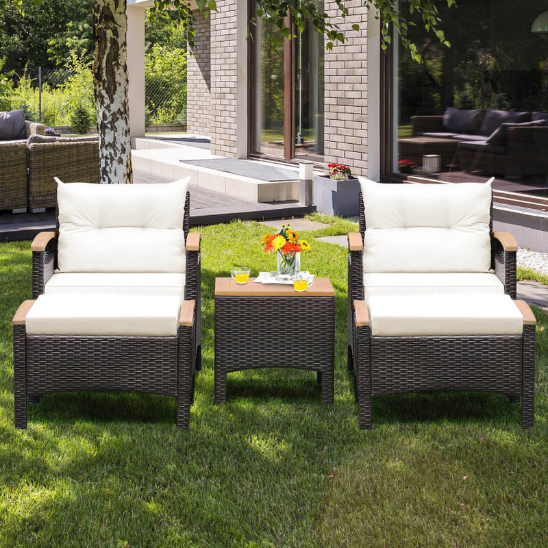 5 Pieces Patio Conversation Set with Cushions Coffee Table and 2 Ottomans