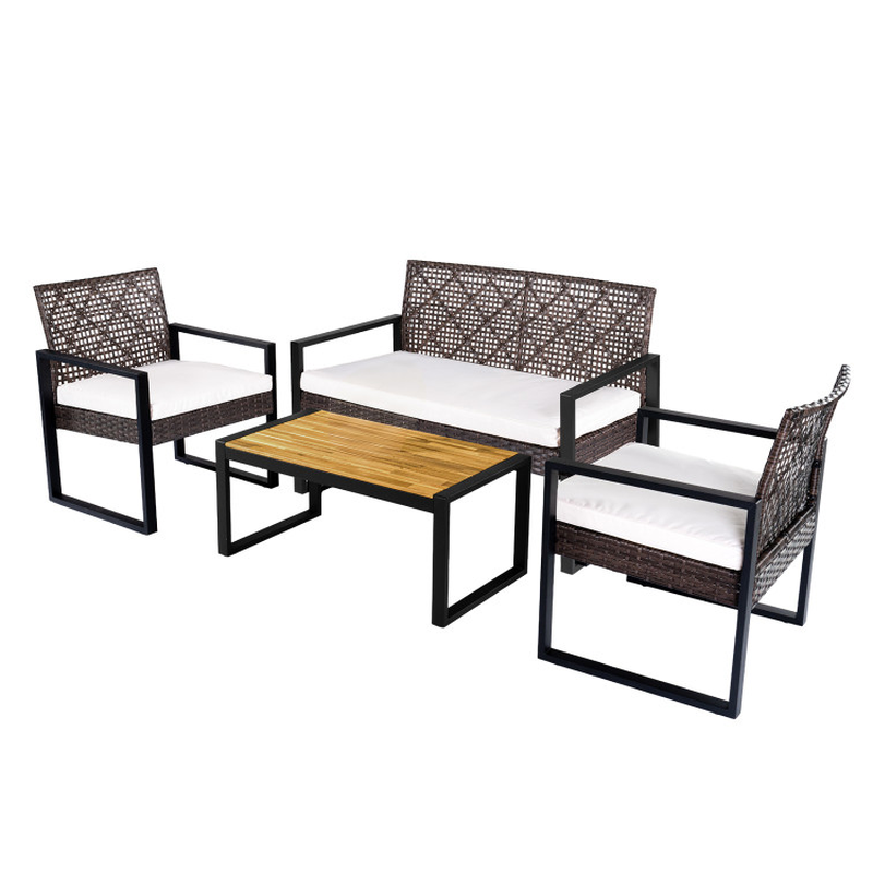 4-Piece Patio Set with Acacia Coffee Table and Wicker Chairs for Backyard