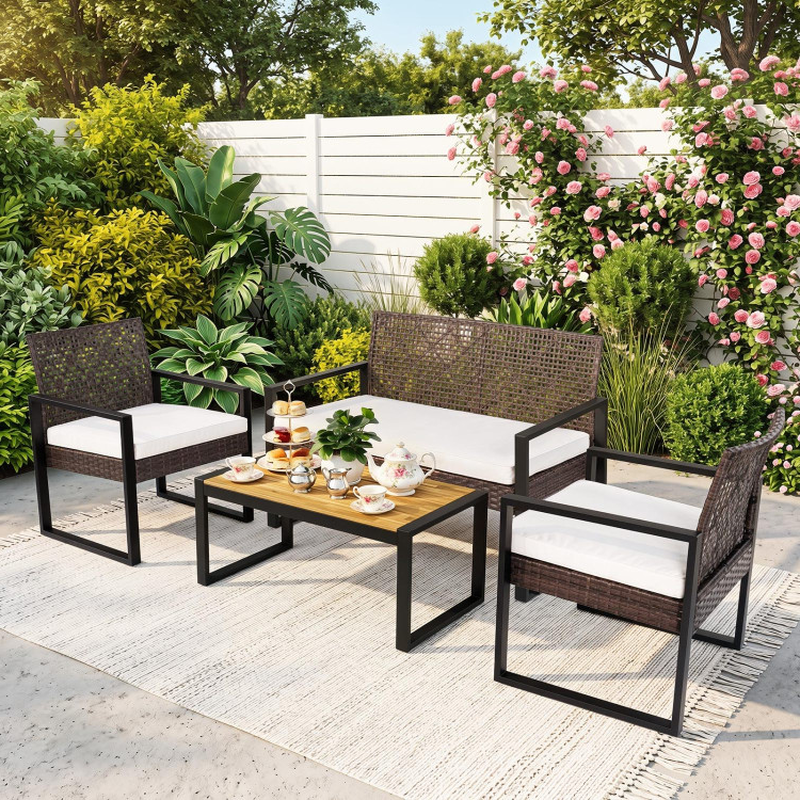 4-Piece Patio Set with Acacia Coffee Table and Wicker Chairs for Backyard