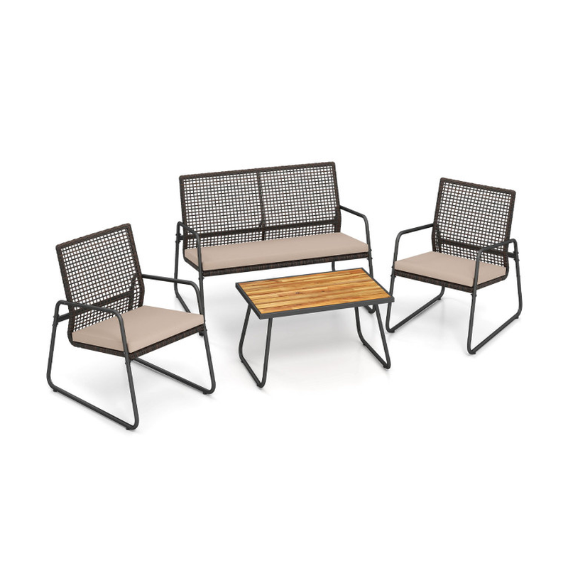 4 Pieces Patio Furniture Set with Acacia Wood Coffee Table and Zippered Cushions