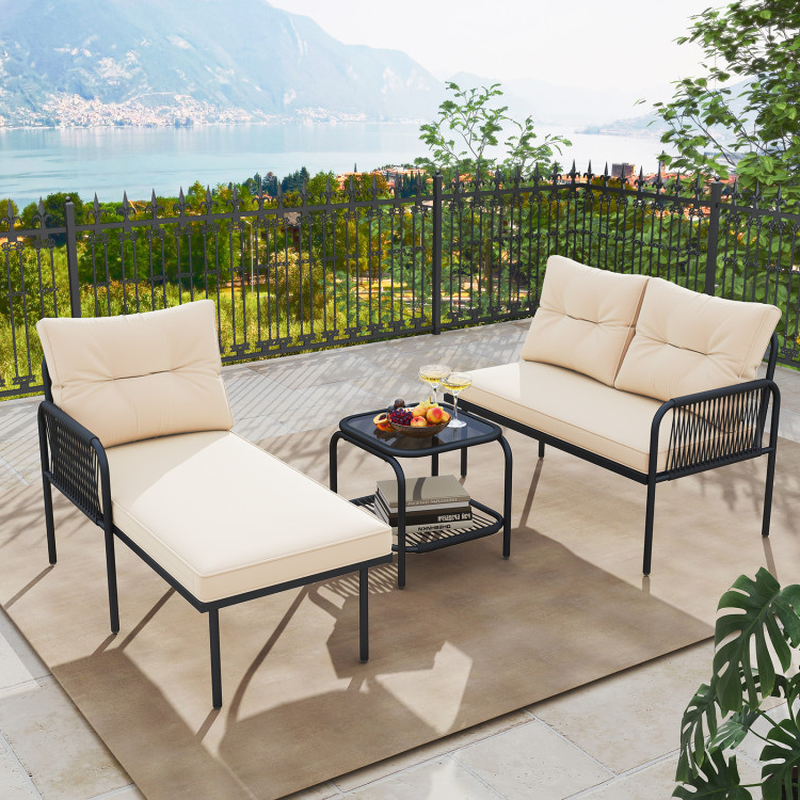 3-Piece L Shaped Patio Furniture Set PE Rattan Sectional Sofas