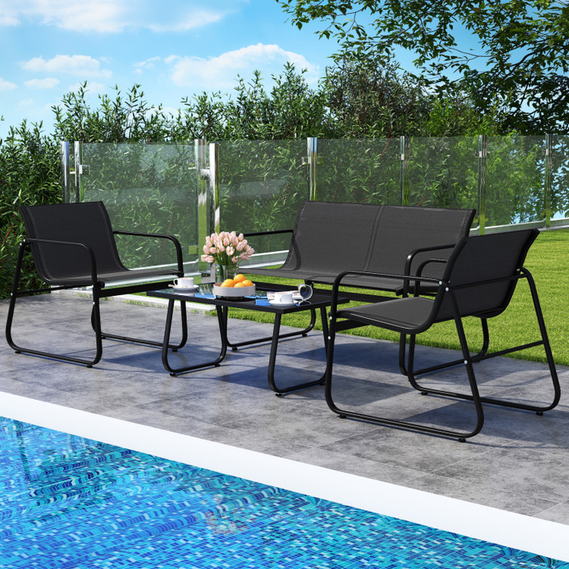 4 Pieces Patio Furniture Set Fabric Lawn Chairs and Loveseat with Glass Coffee Table
