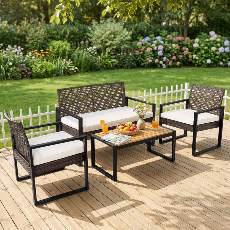 4-Piece Patio Set with Acacia Coffee Table and Wicker Chairs for Backyard