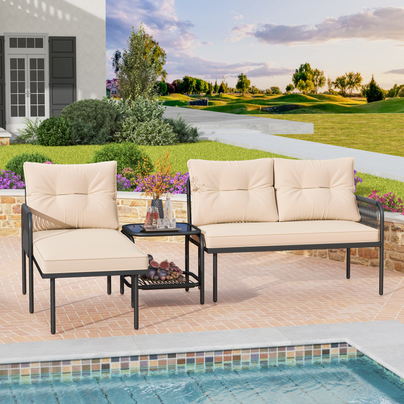3-Piece L Shaped Patio Furniture Set PE Rattan Sectional Sofas