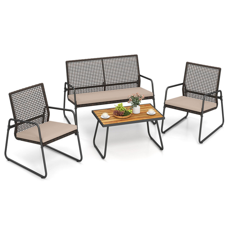 4 Pieces Patio Furniture Set with Acacia Wood Coffee Table and Zippered Cushions