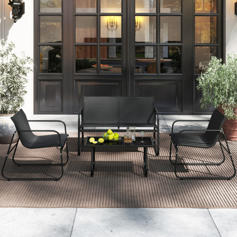 4 Pieces Patio Furniture Set Fabric Lawn Chairs and Loveseat with Glass Coffee Table