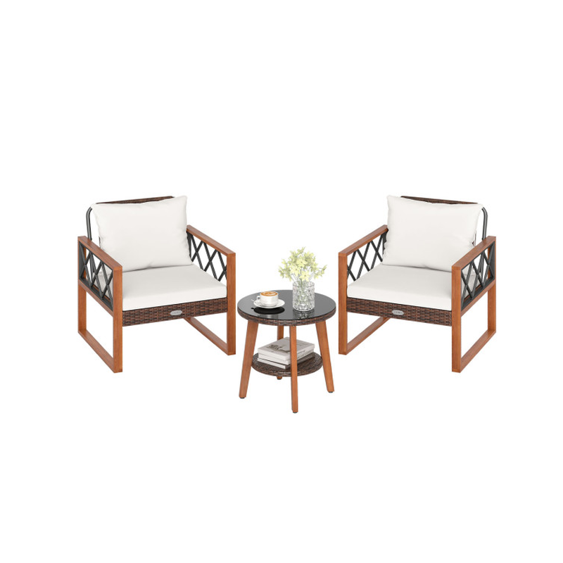 3 Pieces Patio Furniture Set with Tempered Glass Top Table and Soft Cushions