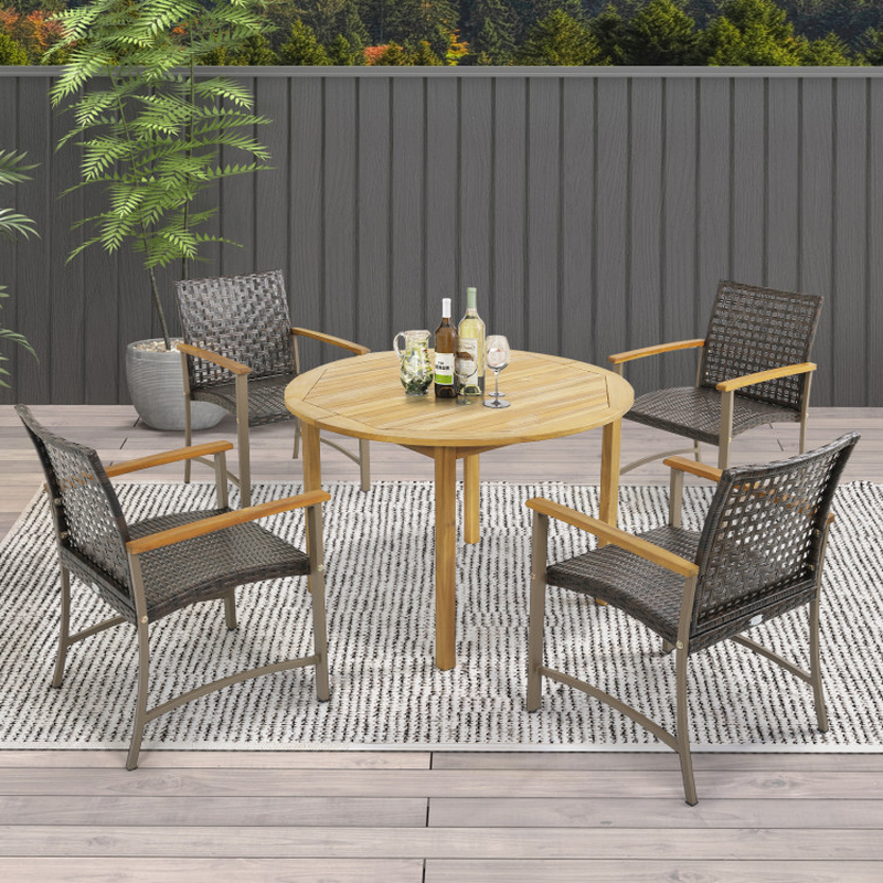 Set of 4 Patio Rattan Dining Chairs with Acacia Wood Armrests