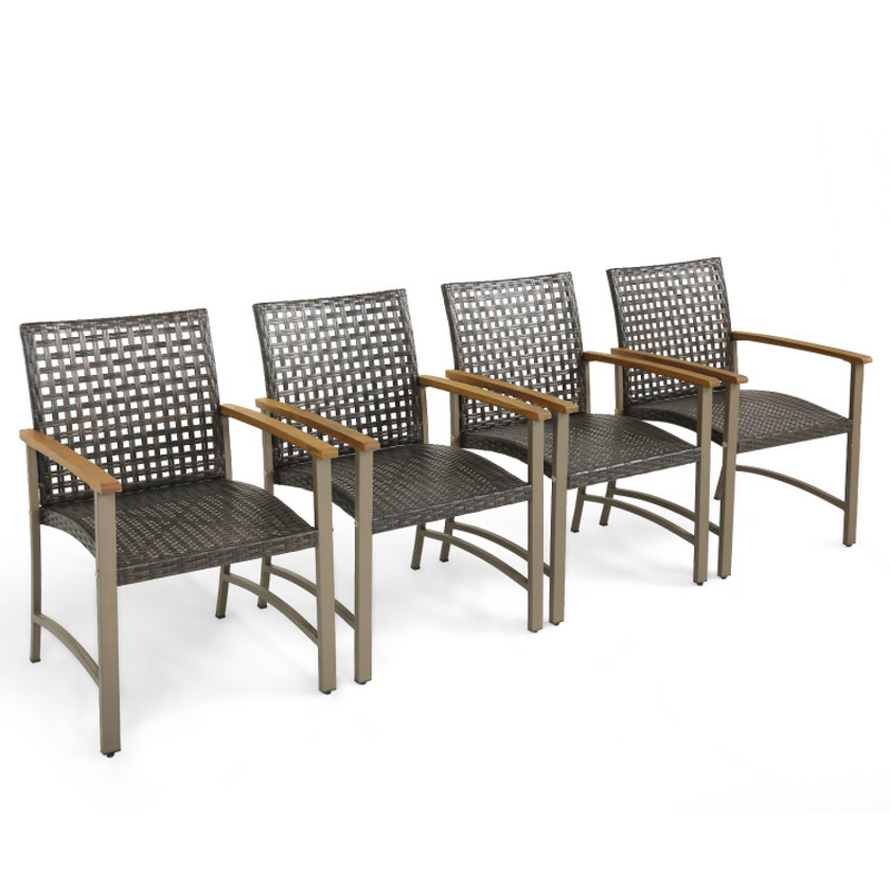 Set of 4 Patio Rattan Dining Chairs with Acacia Wood Armrests