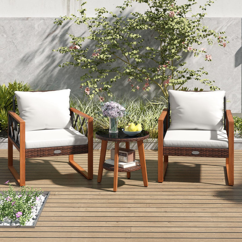 3 Pieces Patio Furniture Set with Tempered Glass Top Table and Soft Cushions
