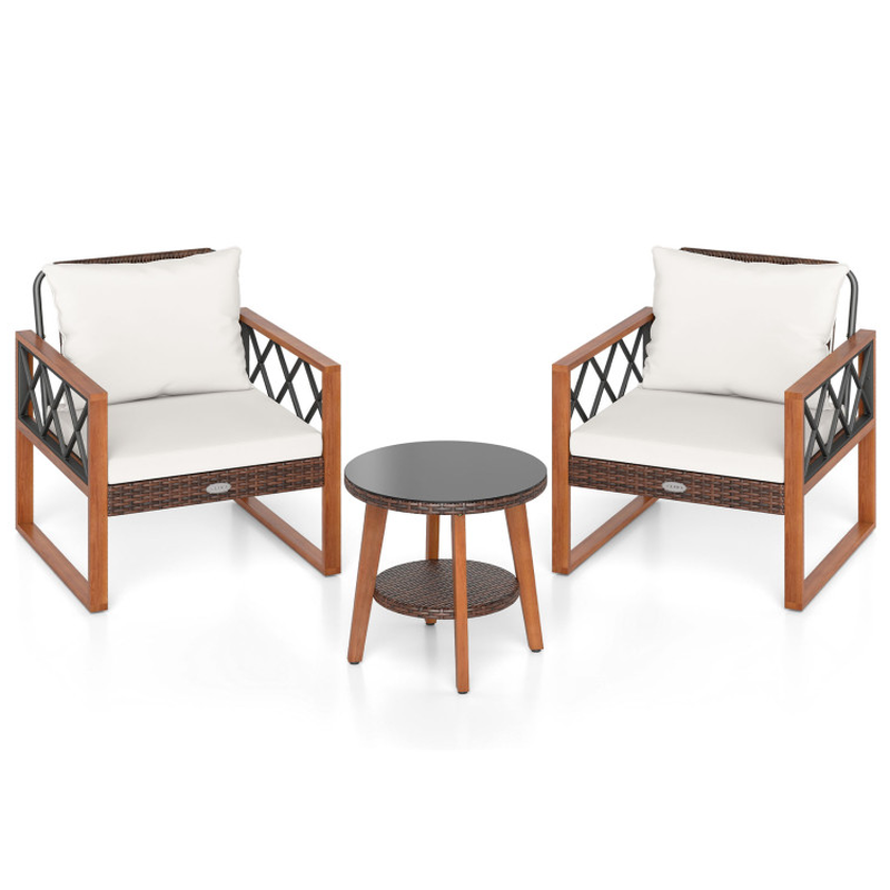 3 Pieces Patio Furniture Set with Tempered Glass Top Table and Soft Cushions
