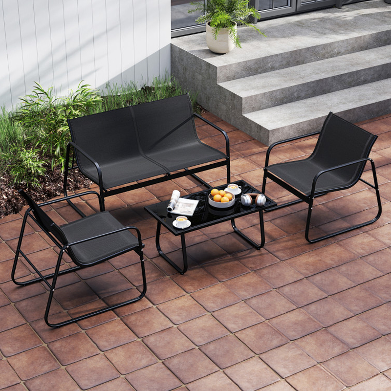 4 Pieces Patio Furniture Set Fabric Lawn Chairs and Loveseat with Glass Coffee Table