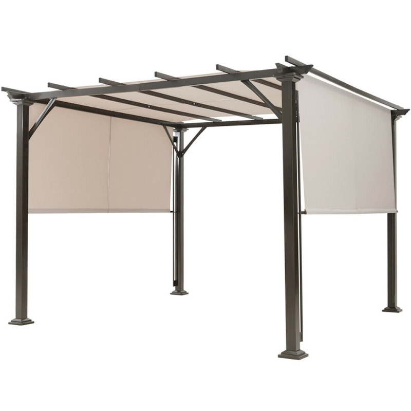 10 X 10 Feet Outdoor Pergola with Retractable Canopy and Metal Columns