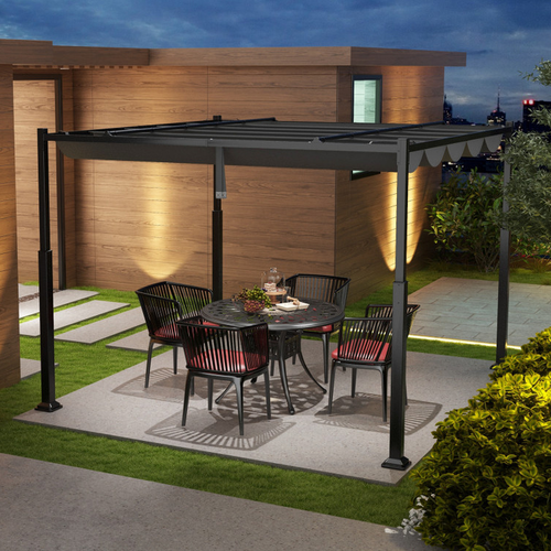 10 X 10 Feet Outdoor Pergola with Retractable Canopy and Metal Columns