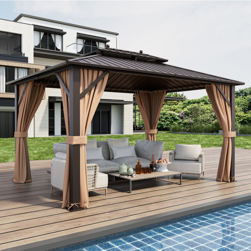 10 X 13 Feet Patio Hardtop Gazebo with Galvanized Steel Double Roof and Netting
