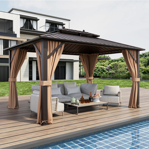 10 X 13 Feet Patio Hardtop Gazebo with Galvanized Steel Double Roof and Netting