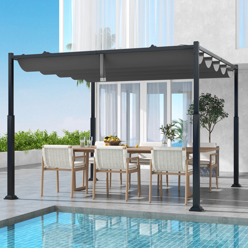 10 X 10 Feet Outdoor Pergola with Retractable Canopy and Metal Columns