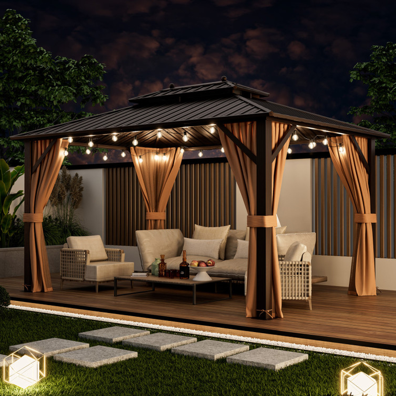 10 X 13 Feet Patio Hardtop Gazebo with Galvanized Steel Double Roof and Netting