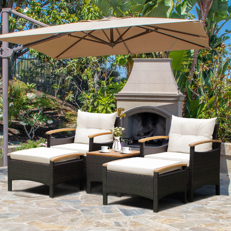 5 Pieces Patio Conversation Set with Cushions Coffee Table and 2 Ottomans