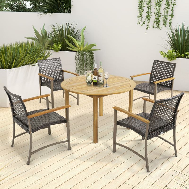 Set of 4 Patio Rattan Dining Chairs with Acacia Wood Armrests