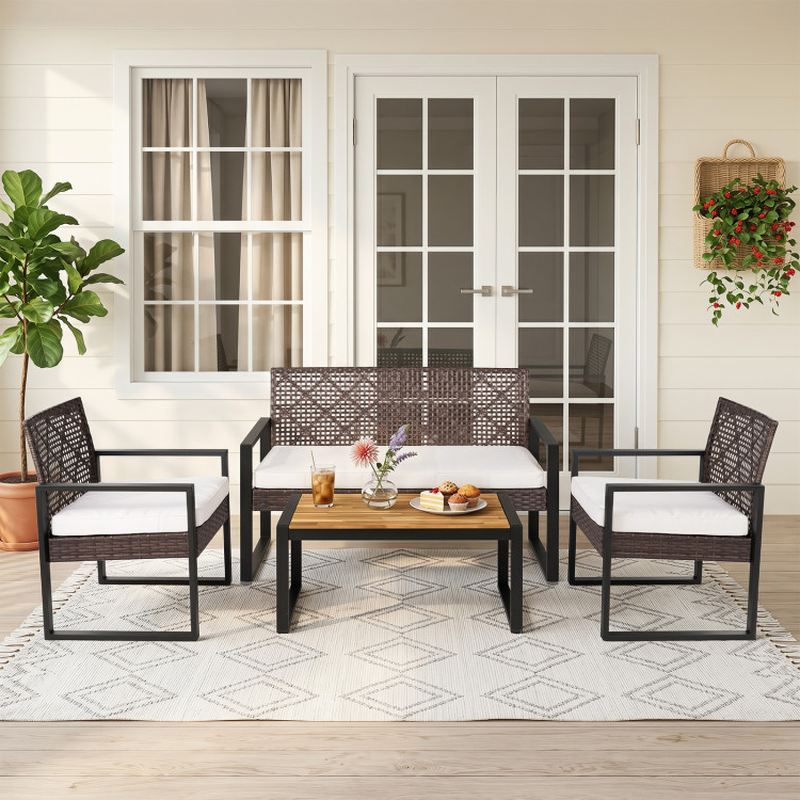 4-Piece Patio Set with Acacia Coffee Table and Wicker Chairs for Backyard