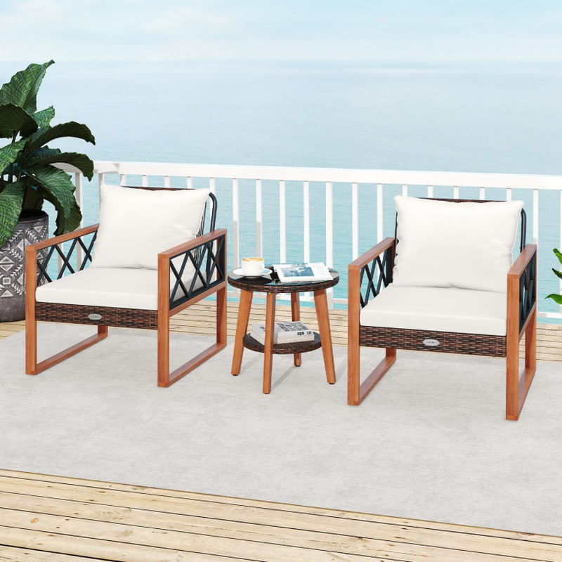 3 Pieces Patio Furniture Set with Tempered Glass Top Table and Soft Cushions