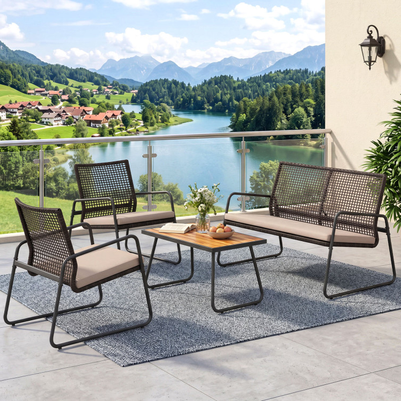 4 Pieces Patio Furniture Set with Acacia Wood Coffee Table and Zippered Cushions