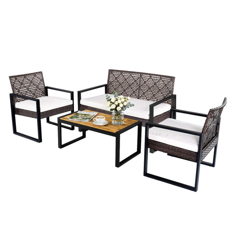 4-Piece Patio Set with Acacia Coffee Table and Wicker Chairs for Backyard